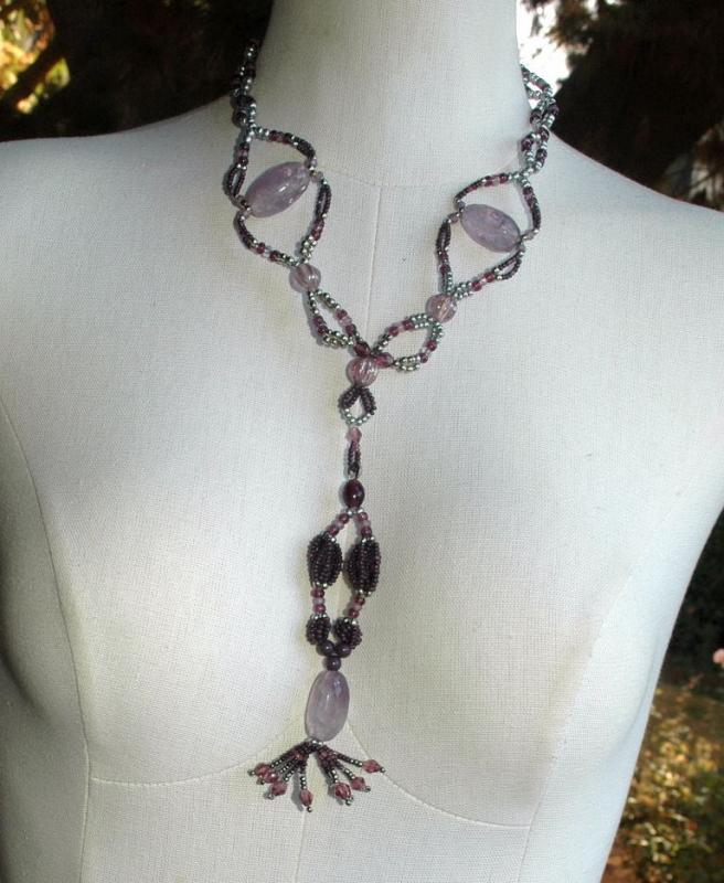 Huge Amethyst Beaded Necklace with Long Pendant Tassel Hand Crafted Elaborate Unique Design and colors lavender, plum and silver Neck Tie Design