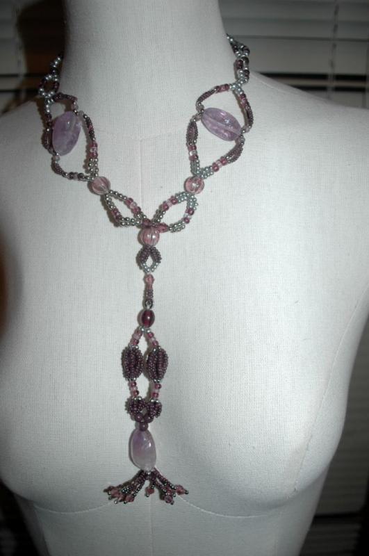 Huge Amethyst Beaded Necklace with Long Pendant Tassel Hand Crafted Elaborate Unique Design and colors lavender, plum and silver Neck Tie Design