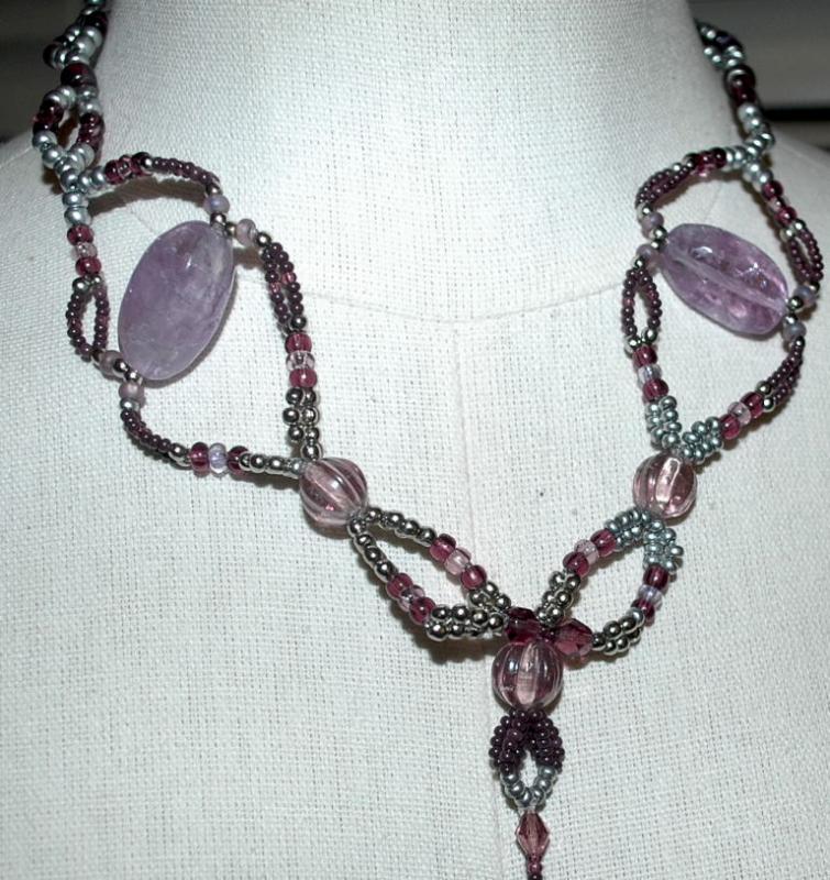 Huge Amethyst Beaded Necklace with Long Pendant Tassel Hand Crafted Elaborate Unique Design and colors lavender, plum and silver Neck Tie Design