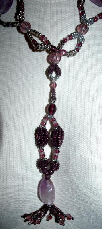 Huge Amethyst Beaded Necklace with Long Pendant Tassel Hand Crafted Elaborate Unique Design and colors lavender, plum and silver Neck Tie Design