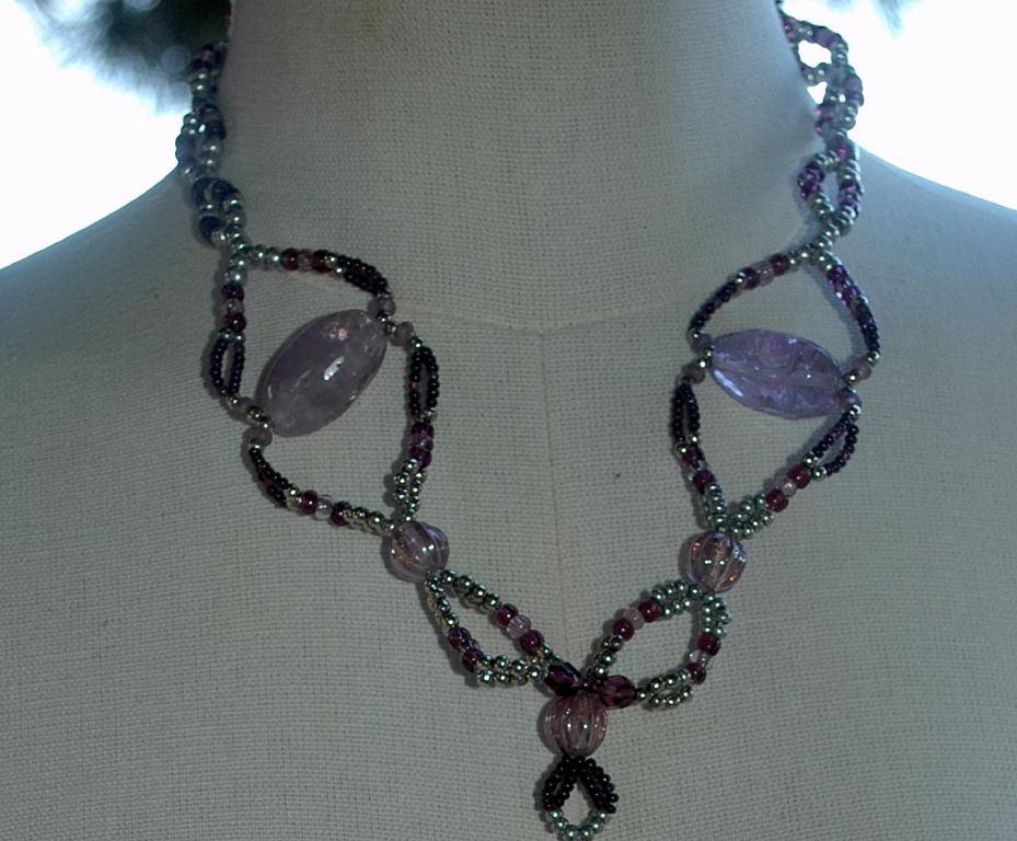 Huge Amethyst Beaded Necklace with Long Pendant Tassel Hand Crafted Elaborate Unique Design and colors lavender, plum and silver Neck Tie Design