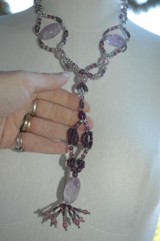 Huge Amethyst Beaded Necklace with Long Pendant Tassel Hand Crafted Elaborate Unique Design and colors lavender, plum and silver Neck Tie Design