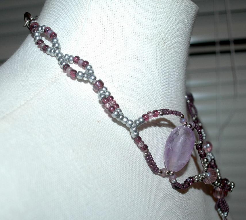 Huge Amethyst Beaded Necklace with Long Pendant Tassel Hand Crafted Elaborate Unique Design and colors lavender, plum and silver Neck Tie Design