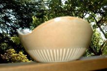 Modernist Asymmetrical Wavy Rim Stoneware Pottery Bowl, Signed