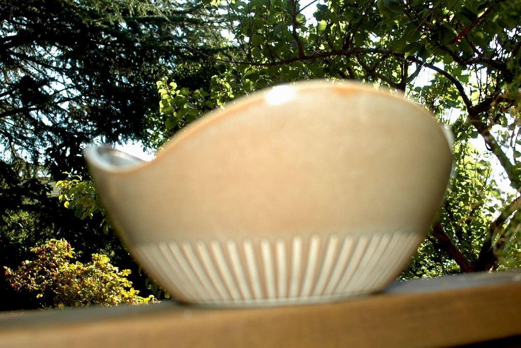 Modernist Asymmetrical Wavy Rim Stoneware Pottery Bowl, Signed