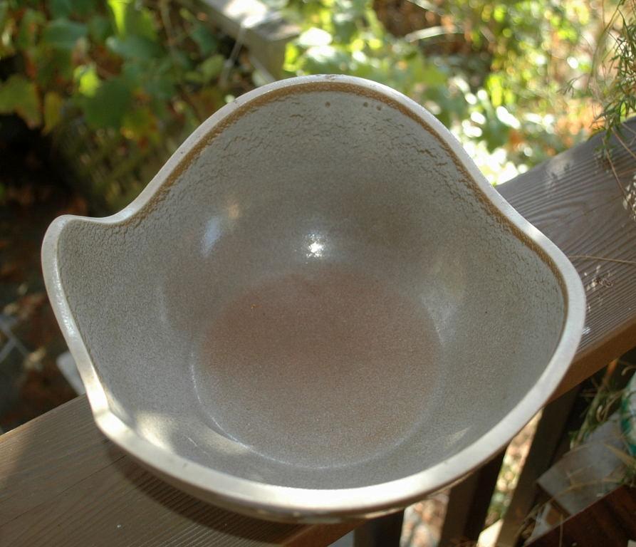 Modernist Asymmetrical Wavy Rim Stoneware Pottery Bowl, Signed