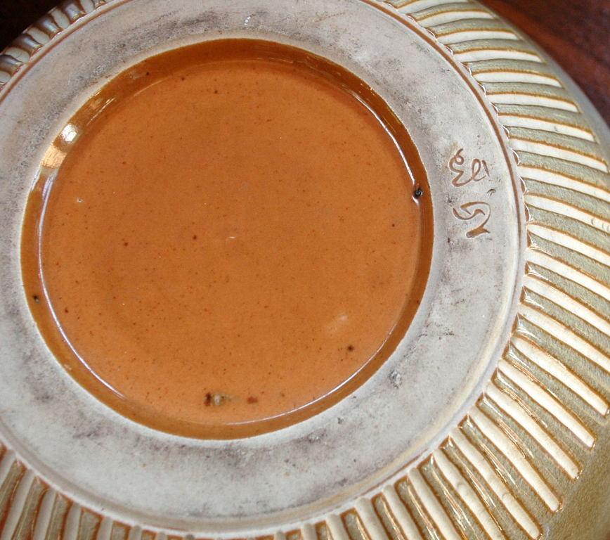 Modernist Asymmetrical Wavy Rim Stoneware Pottery Bowl, Signed