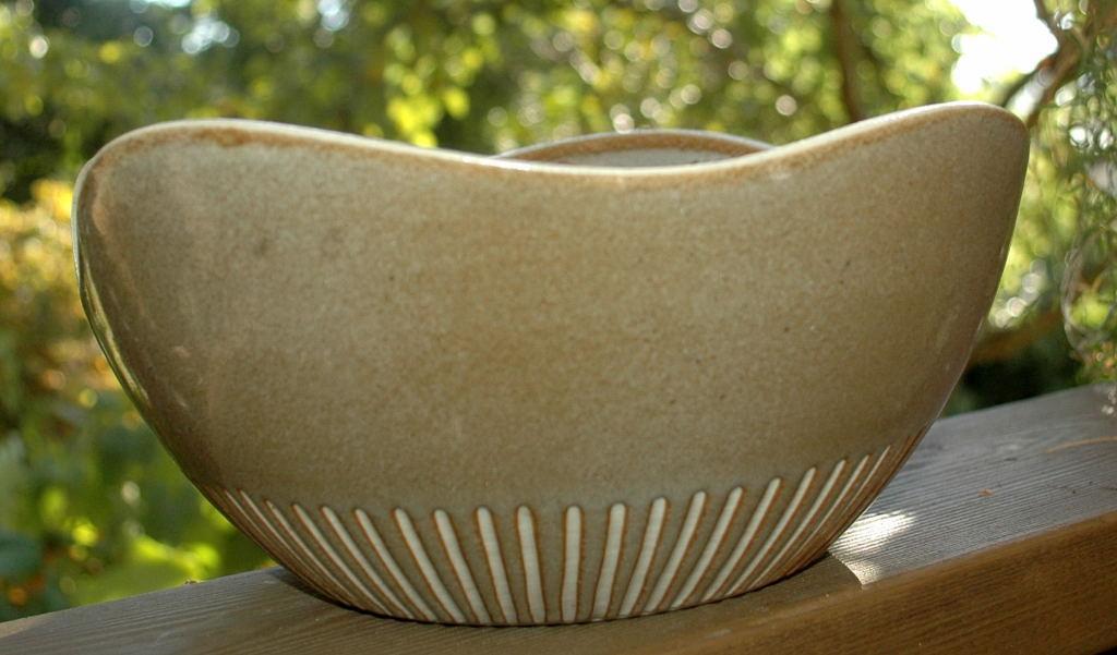Modernist Asymmetrical Wavy Rim Stoneware Pottery Bowl, Signed
