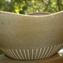 Modernist Asymmetrical Wavy Rim Stoneware Pottery Bowl, Signed