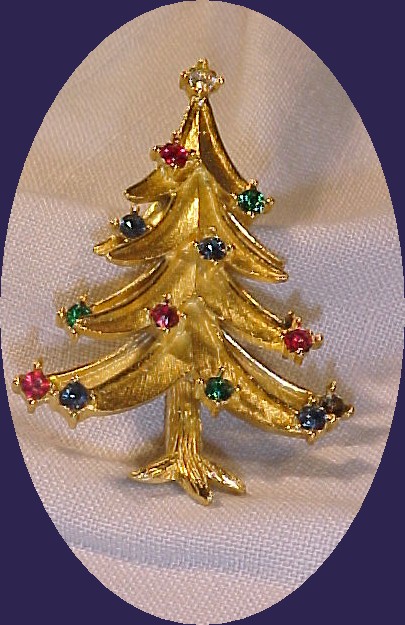 Trifari Christmans Tree Pin with multi colored stones