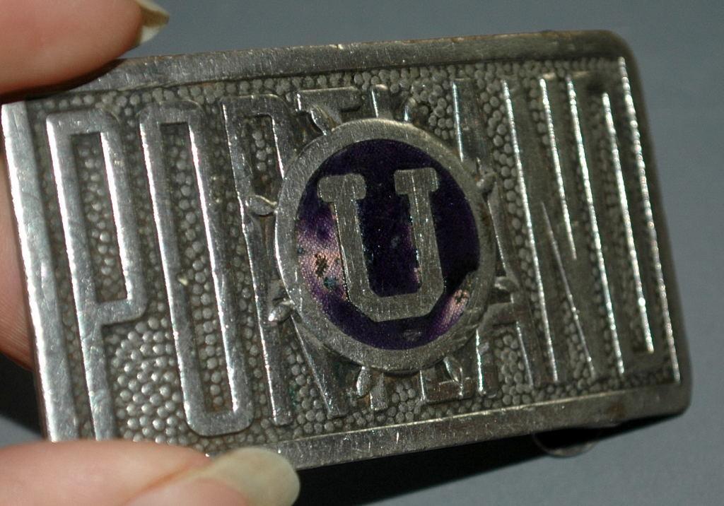 Antique Portland University Belt Buckle, Nickle and Enamel made by Jenkins