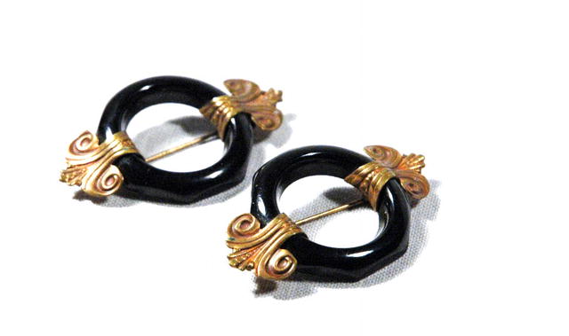 2 Art Deco Black Bakelite & Brass Scatter Pins