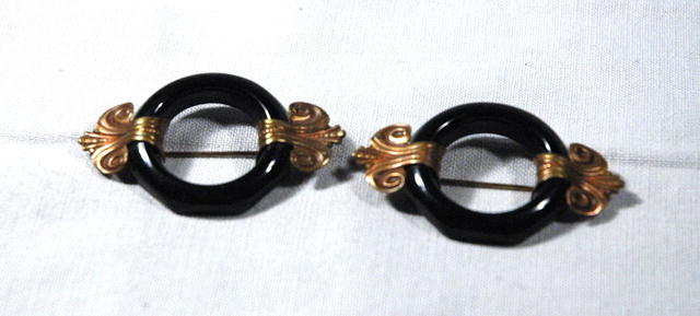 2 Art Deco Black Bakelite & Brass Scatter Pins