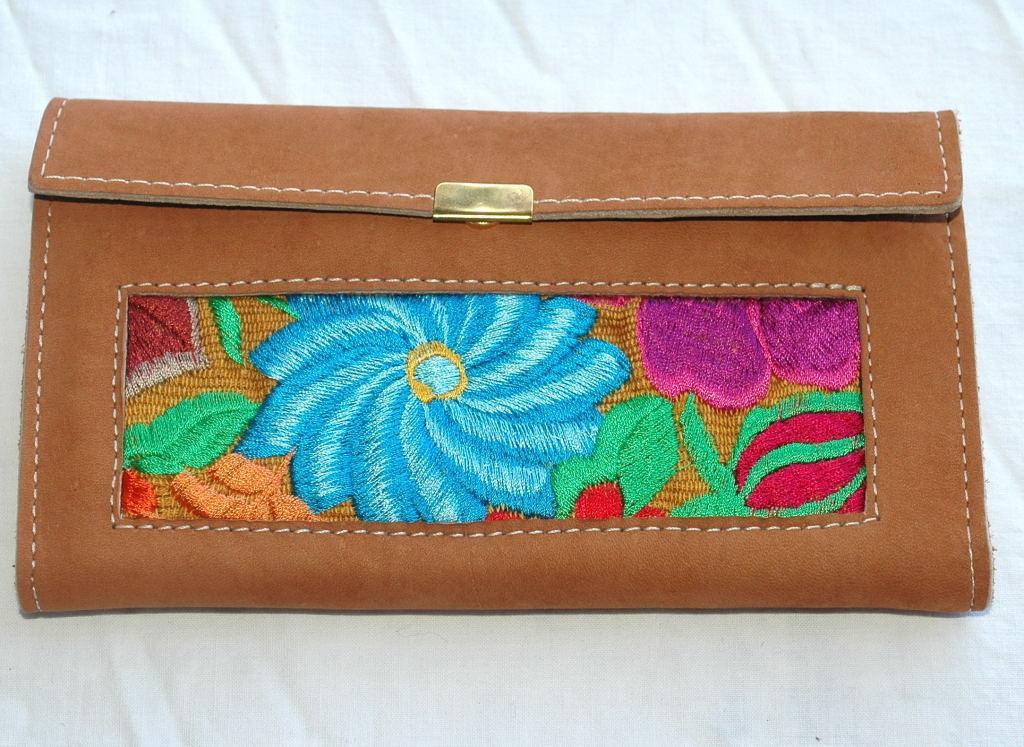 Mayan Art Leather Wallet with flora Embroidered panels, Guatemalan Handicrafts, Guatamala