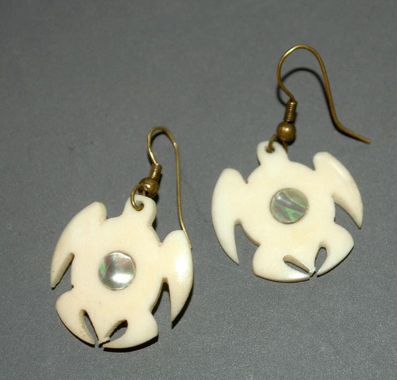 Hand crafted Turtle Earrings Carved Bone with Abalone Shell