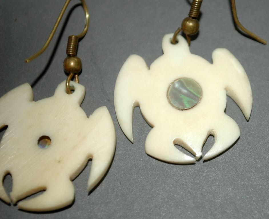 Hand crafted Turtle Earrings Carved Bone with Abalone Shell