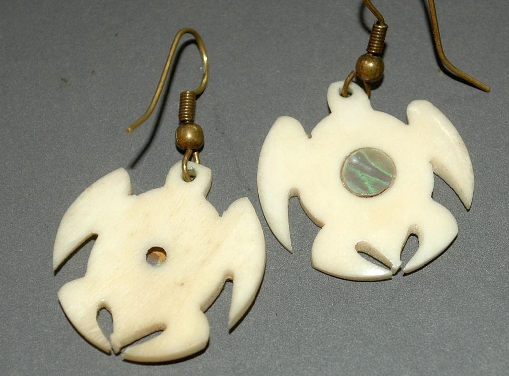 Hand crafted Turtle Earrings Carved Bone with Abalone Shell