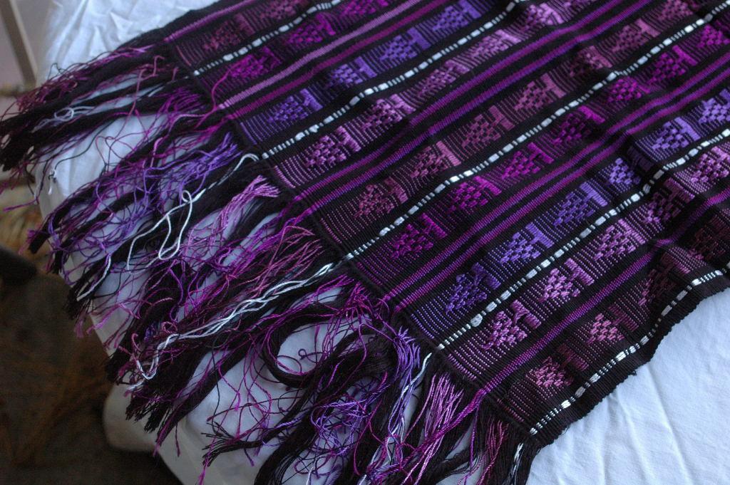 Guatemalan Mayan Table Runner Hand Woven Purple, Metallic & Black