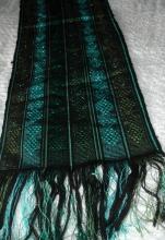 Guatemalan Mayan Table Runner Hand Woven Green/ Blue with Metallic Threads long fringe