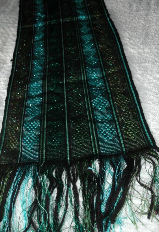 Guatemalan Mayan Table Runner Hand Woven Green/ Blue with Metallic Threads long fringe
