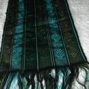 Guatemalan Mayan Table Runner Hand Woven Green/ Blue with Metallic Threads long fringe