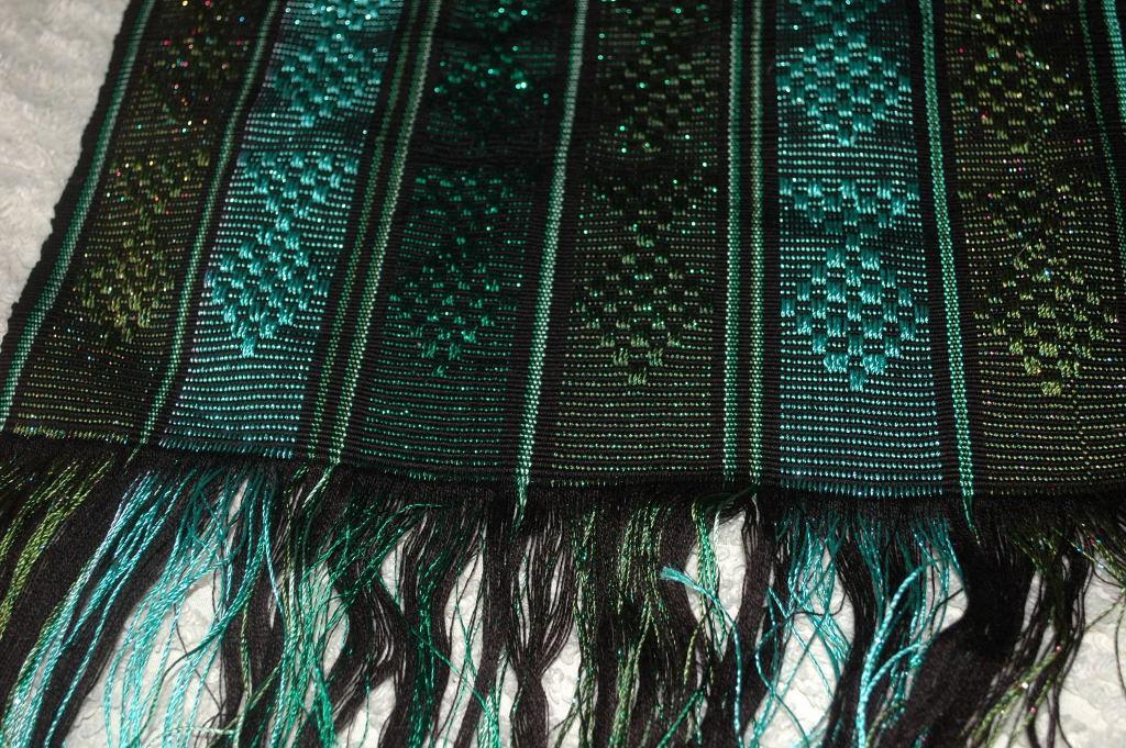 Guatemalan Mayan Table Runner Hand Woven Green/ Blue with Metallic Threads long fringe