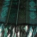 Guatemalan Mayan Table Runner Hand Woven Green/ Blue with Metallic Threads long fringe