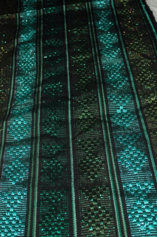 Guatemalan Mayan Table Runner Hand Woven Green/ Blue with Metallic Threads long fringe