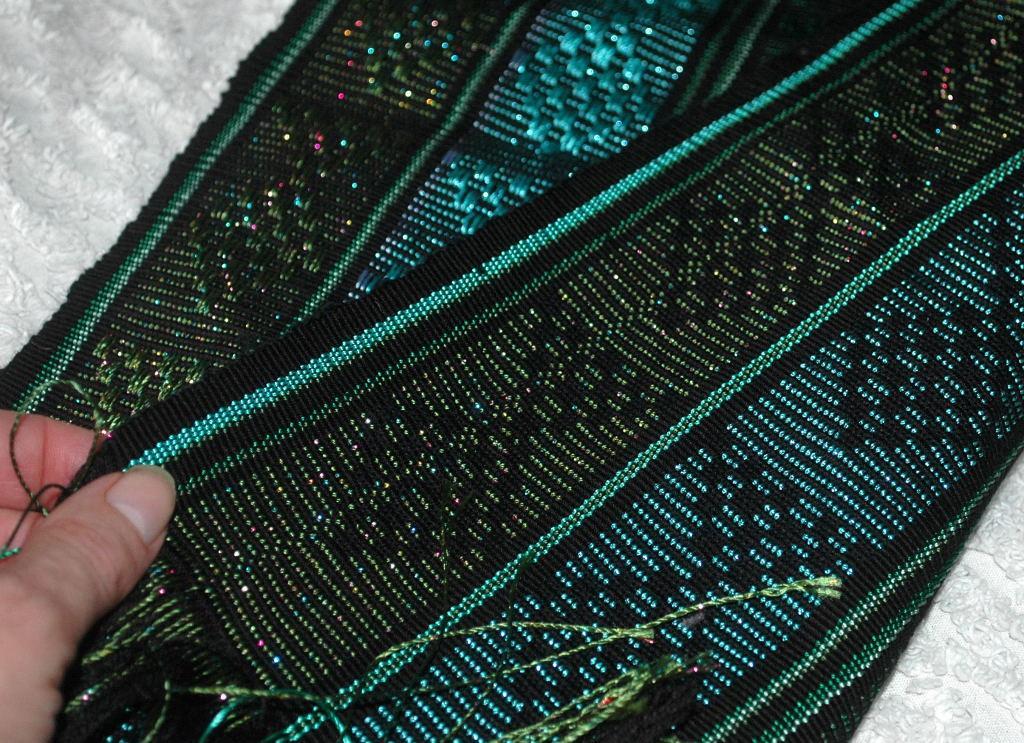 Guatemalan Mayan Table Runner Hand Woven Green/ Blue with Metallic Threads long fringe
