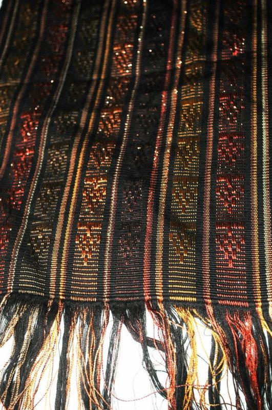 Guatemalan Mayan Table Runner Hand Woven Black, Brown, Copper with Metallic Threads long fringe
