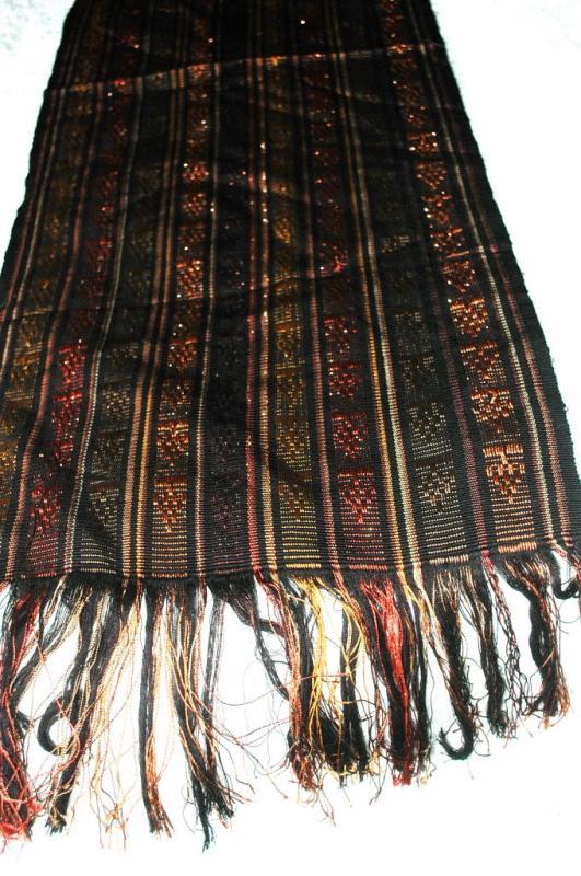 Guatemalan Mayan Table Runner Hand Woven Black, Brown, Copper with Metallic Threads long fringe