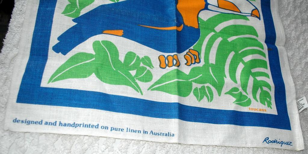 Toucans Hand Printed in Australian Tea Towel by Rodriquez Vintage Never used Free Shipping