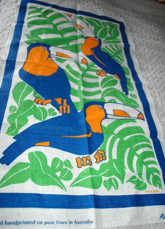Toucans Hand Printed in Australian Tea Towel by Rodriquez Vintage Never used Free Shipping