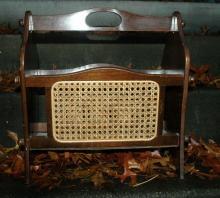 Vintage Walnut Wood Magazine Rack with Caning