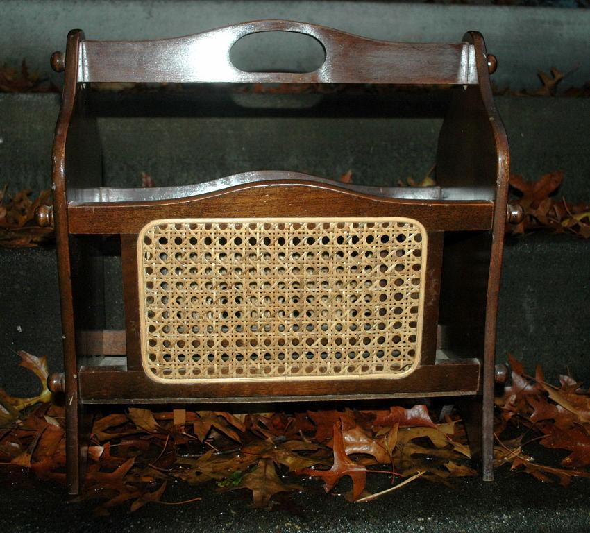 Vintage Walnut Wood Magazine Rack with Caning