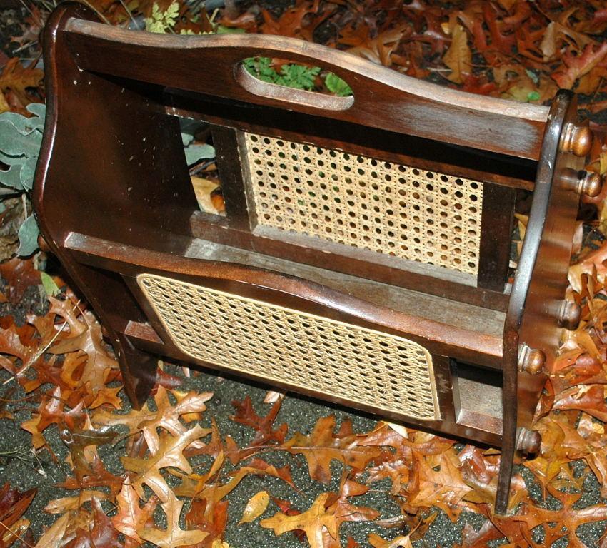 Vintage Walnut Wood Magazine Rack with Caning