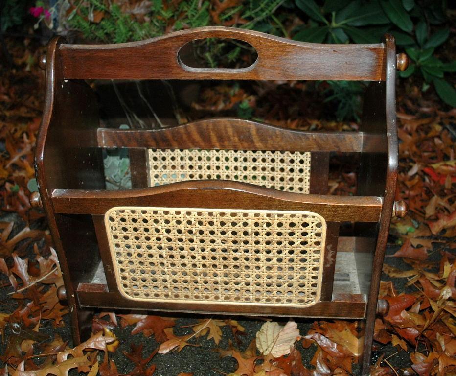 Vintage Walnut Wood Magazine Rack with Caning