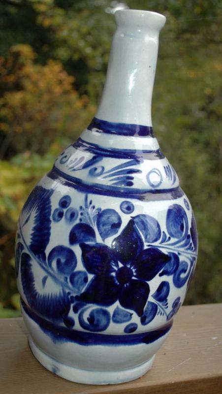 Tonola Talavera Bottle Vase Hand Painted with Cobalt Blue