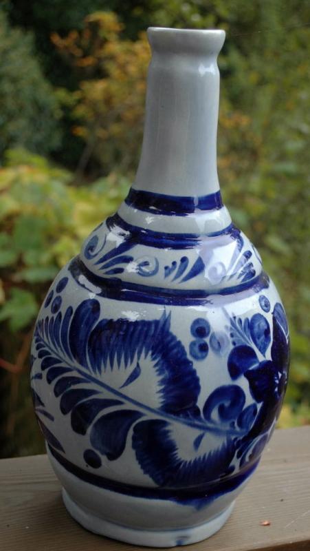 Tonola Talavera Bottle Vase Hand Painted with Cobalt Blue