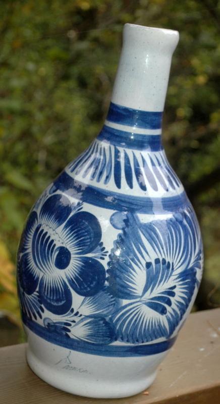 Signed Talavera Bottle Vase Hand Painted with Cobalt Blue