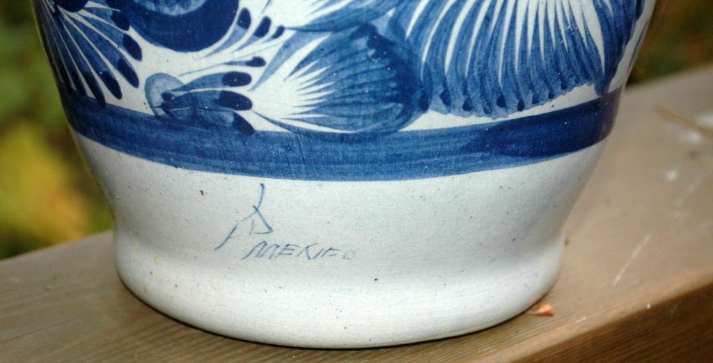 Signed Talavera Bottle Vase Hand Painted with Cobalt Blue