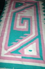 Hand Woven Guatemalan Mayan Serpent Area Rug 1980's Pink, White & Teal Free Shipping