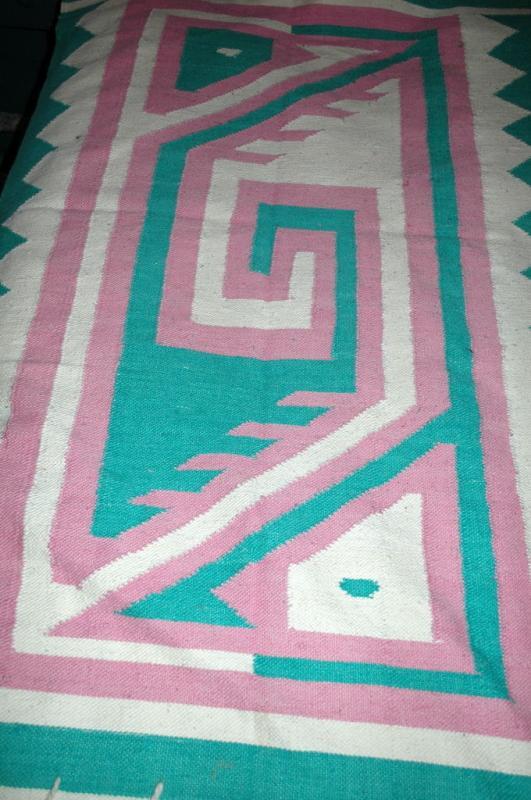 Hand Woven Guatemalan Mayan Serpent Area Rug 1980's Pink, White & Teal Free Shipping
