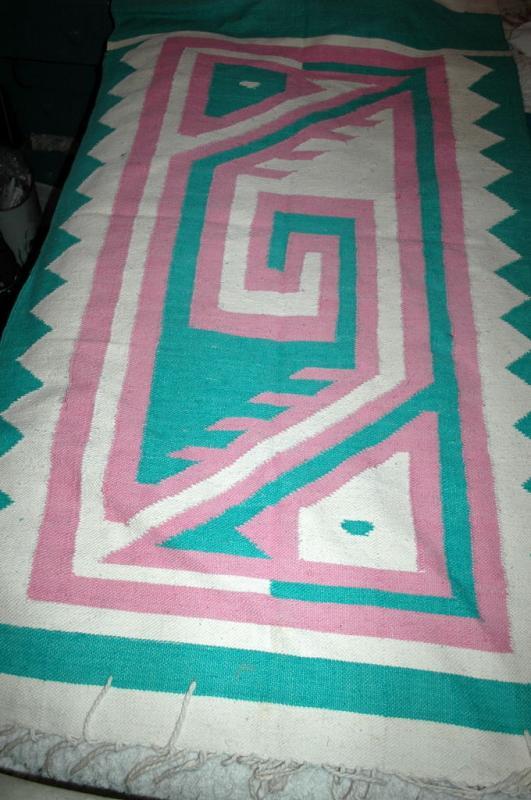 Hand Woven Guatemalan Mayan Serpent Area Rug 1980's Pink, White & Teal Free Shipping