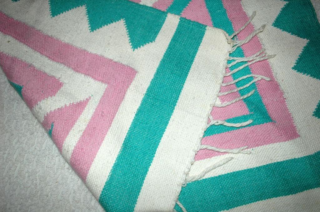 Hand Woven Guatemalan Mayan Serpent Area Rug 1980's Pink, White & Teal Free Shipping