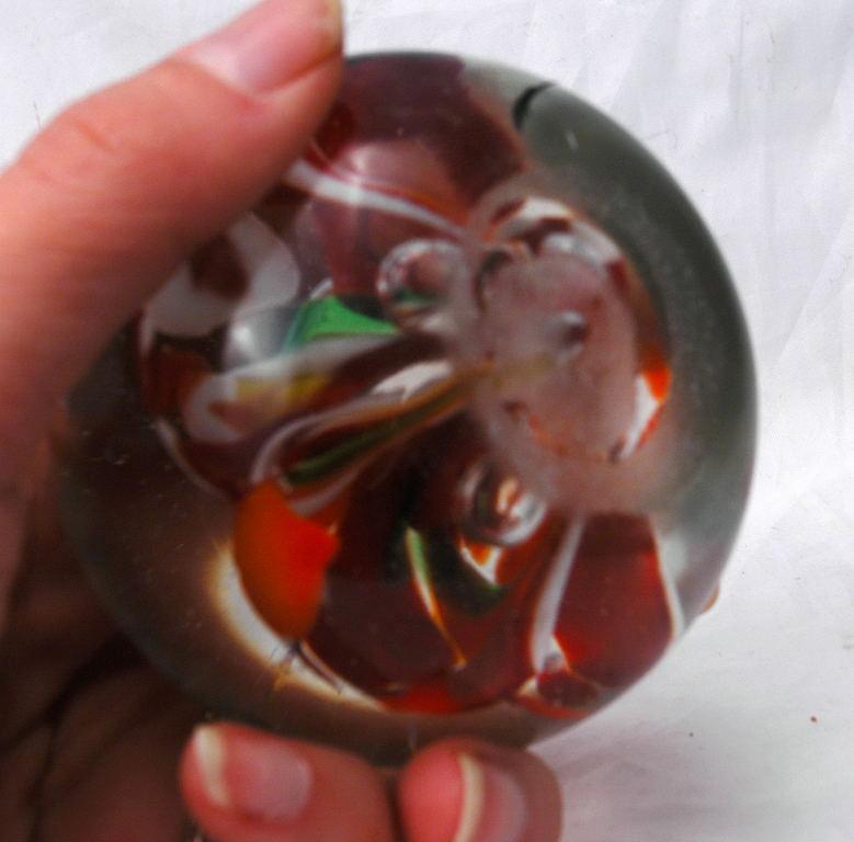 Pretty Hand Blown Art Glass Paperweight. Flowers with center bubble