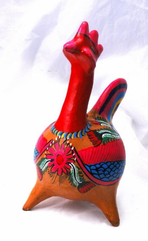 Old Mexico Terra Cotta Red Pottery Painted Chicken