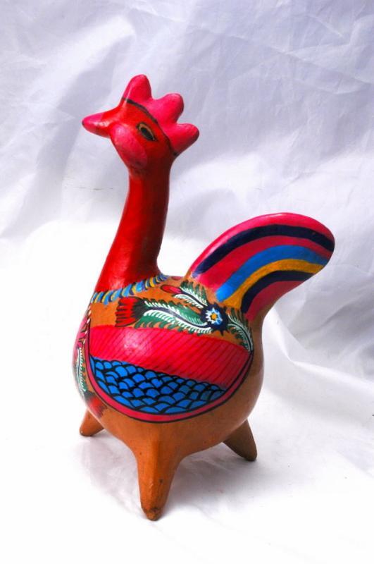 Old Mexico Terra Cotta Red Pottery Painted Chicken