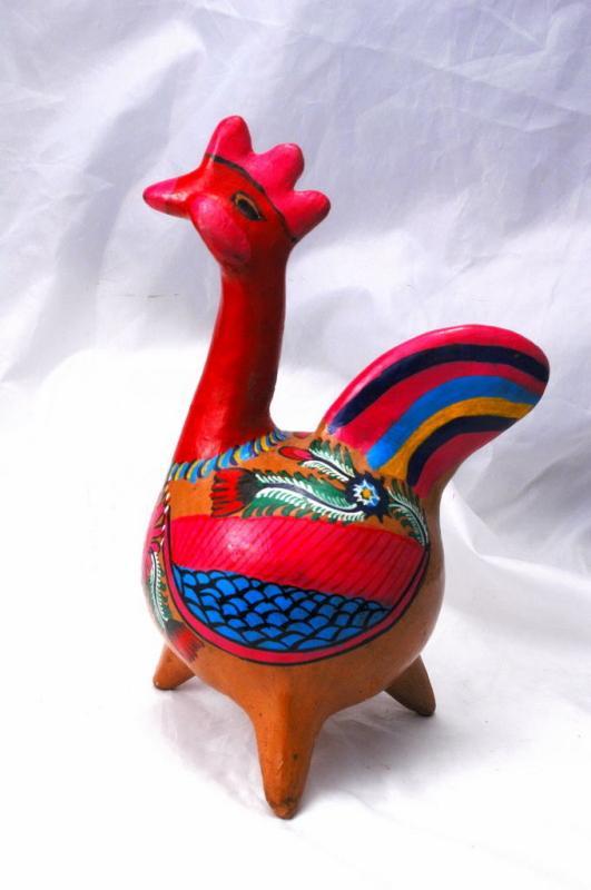 Old Mexico Terra Cotta Red Pottery Painted Chicken