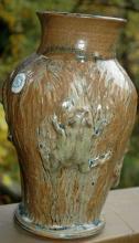 Stoneware Textured Climbing Frog Vase Signed M. Madsen & Elaine W / made with Mount Saint Helen's Ash Glaze